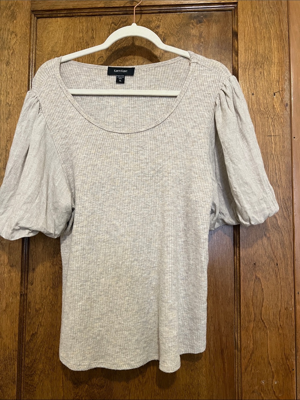 Karen Kane Beige Ribbed Puff-Sleeve Scoop Neck Top